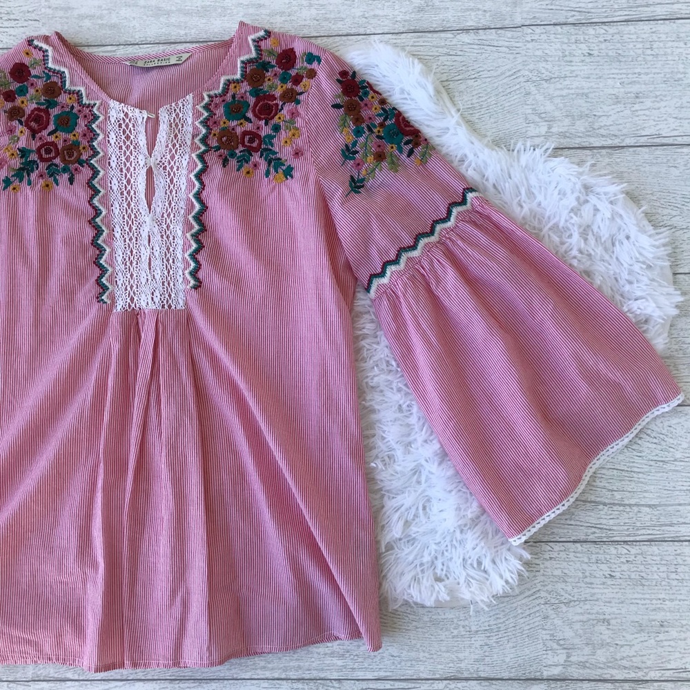 Zara Striped Embroidered Bell Sleeve Boho Top